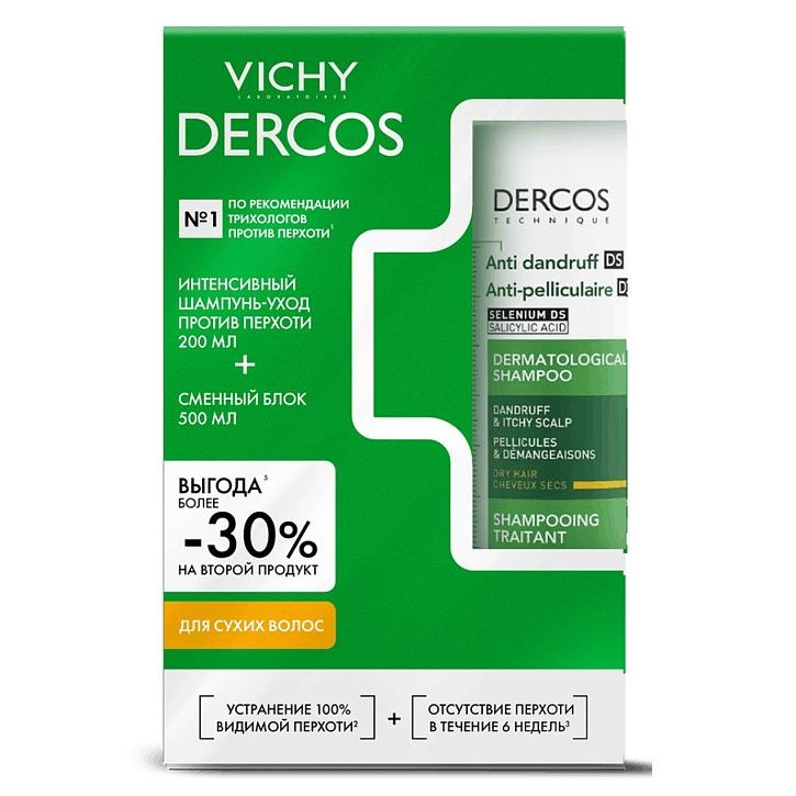 VICHY Dercos Набор Dercos Против перхоти для сухих волос Набор: интенсивный шампунь-уход против перхоти для сухих волос, сменный блок
