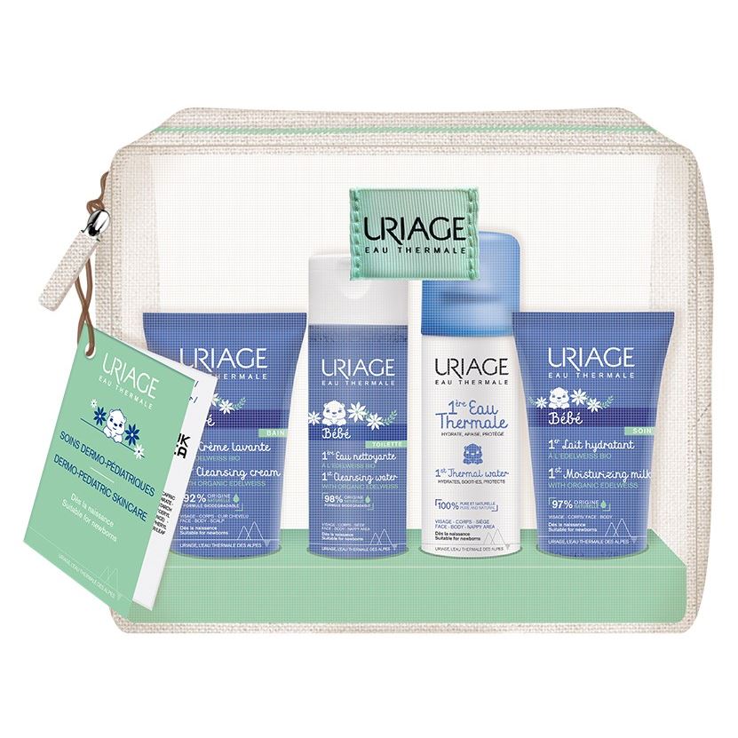 Uriage Gamme Bebes Bebe 1st Travel Kit Набор маленького путешественника: увлажняющее молочко, очищающая вода, термальная вода, очищающий пенящийся крем