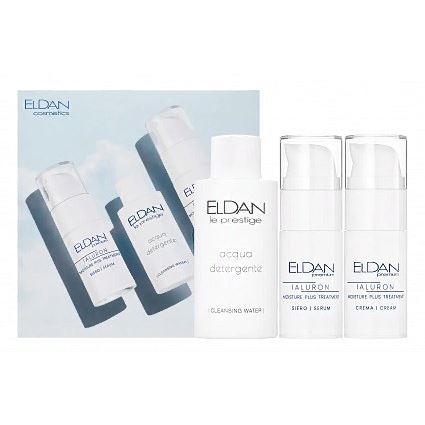 Eldan Антивозрастной уход Тревел-набор Гиалуроновая кислота Набор: Очищающее средство на изотонической воде, 50 мл + Сыворотка-флюид с гиалуроновой кислотой, 15 мл + Крем 24 часа с гиалуроновой кислотой, 15 мл