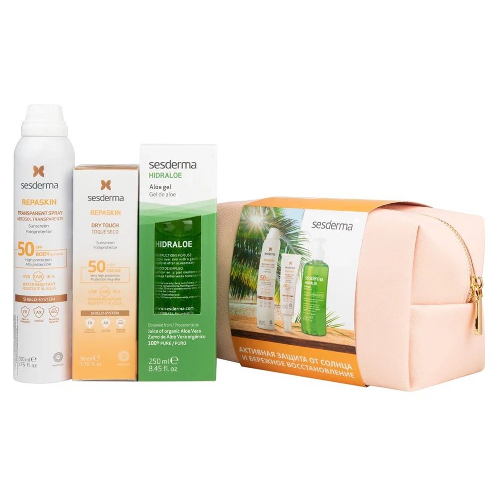 Sesderma Acglicolic Набор Repaskin Classic + Hidraloe Промонабор: Спрей солнцезащитный, Средство солнцезащитное с матовым эффектом, Алоэ гель, косметичка