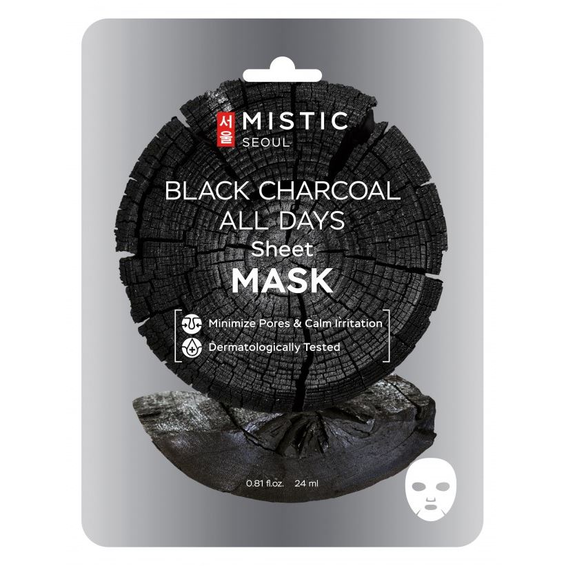 Mistic Care Black Charloal ALL Days Sheet mask  Тканевая маска для лица с древесным углём 