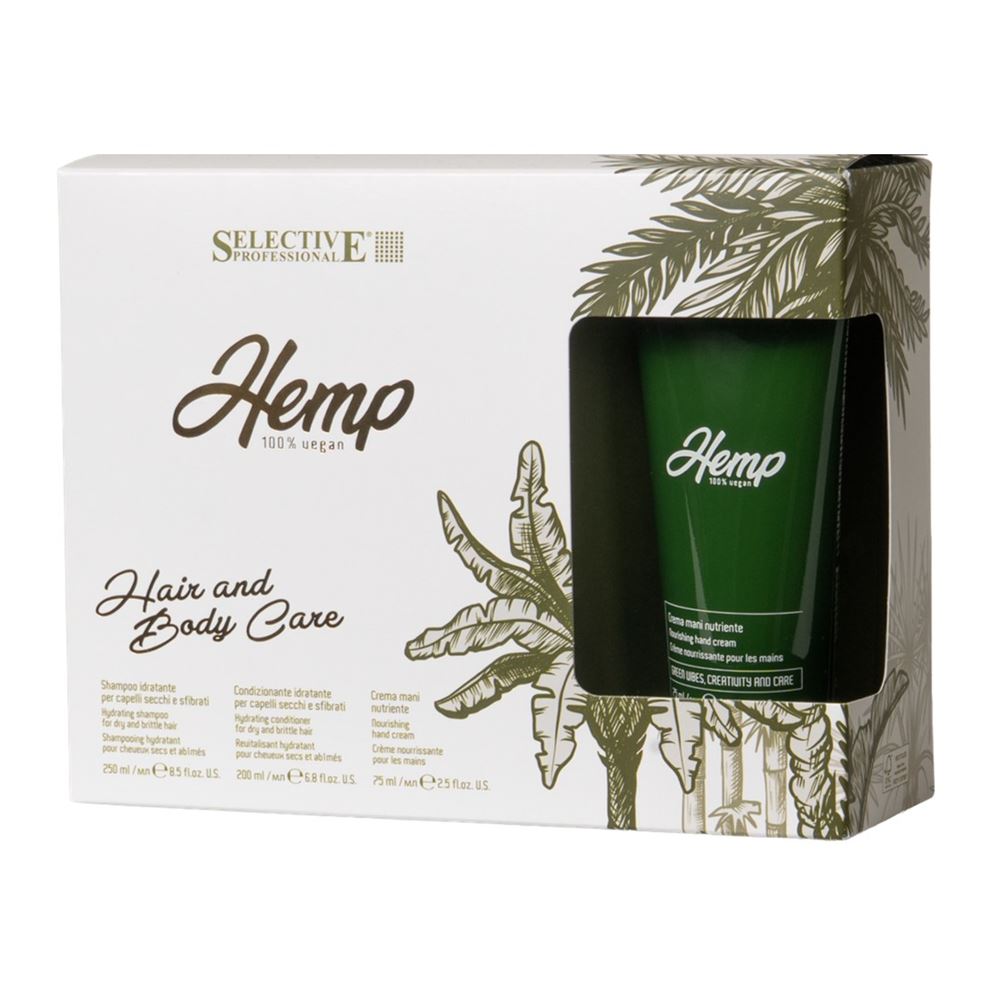 Selective Professional Hemp Набор Hemp Hair and Body Care «Забота каждый день» Набор для волос и тела, рождественский: шампунь, кондиционер, крем для рук